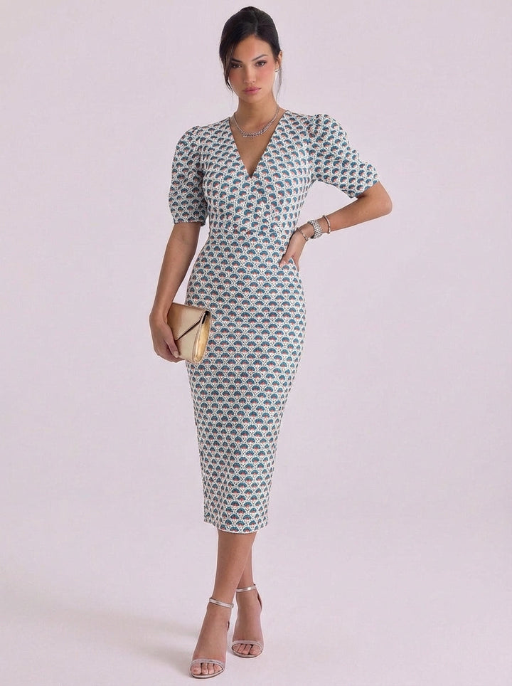 Ayla | Cotton Puff Sleeve Printed Midi Dress
