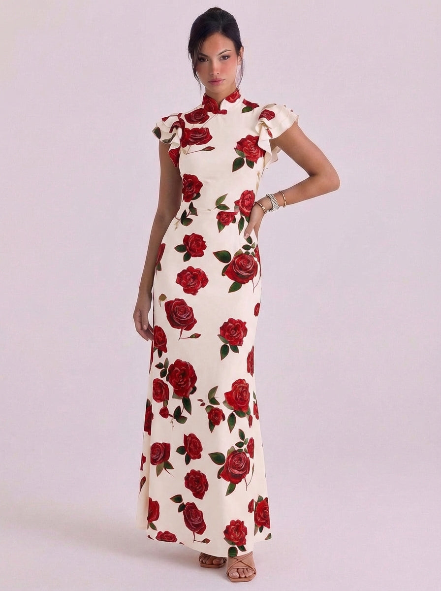 Tessa | Cotton Rose Print High Neck Maxi Dress Ruffle Cap Sleeve