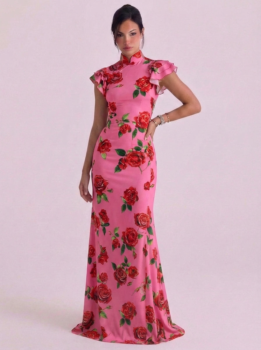 Tessa | Cotton Rose Print High Neck Maxi Dress Ruffle Cap Sleeve