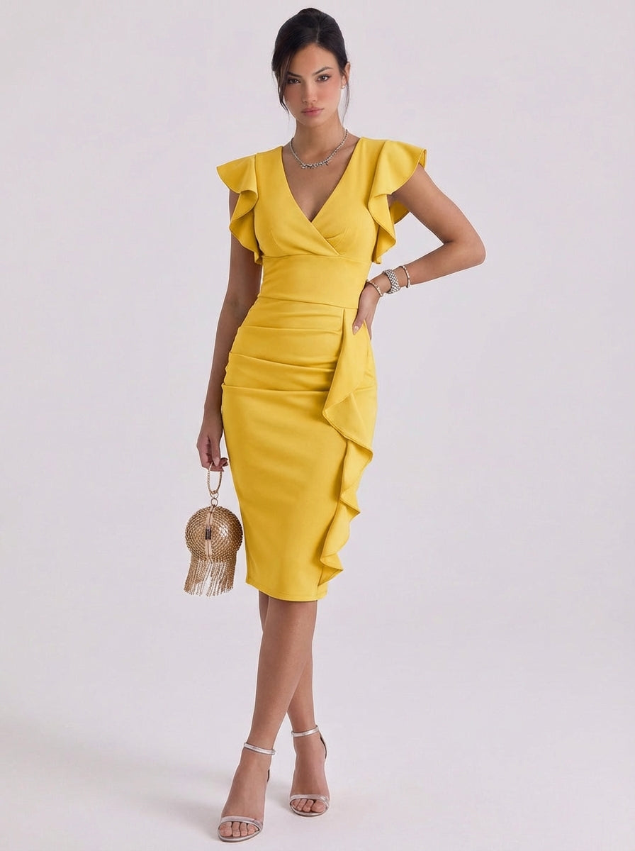 Chloe | Crepe Ruffle Sleeve Bodycon Midi Dress