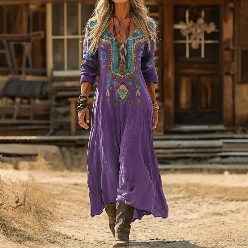 Primavera | Long Sleeve Purple Patterned Dress