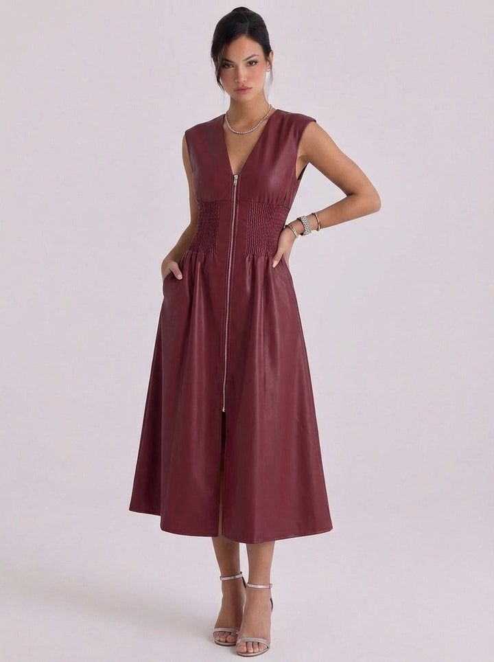 Bree | Faux Leather Zip Front Midi Dress With Smocked Waist