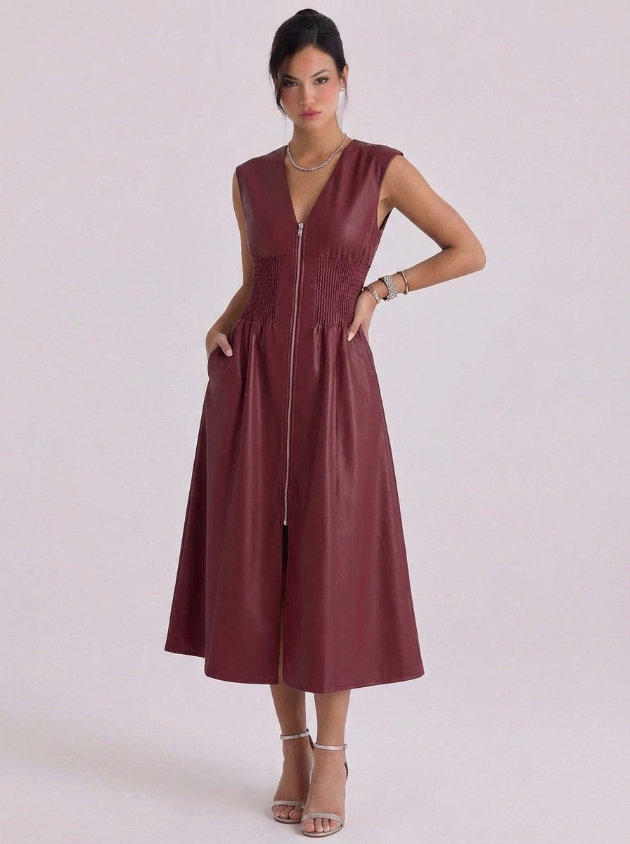 Bree | Faux Leather Zip Front Midi Dress With Smocked Waist