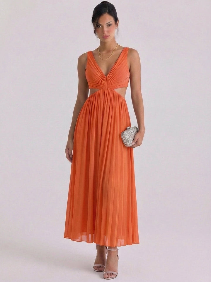 Stacey | Satin Pleated Cutout Midi Dress