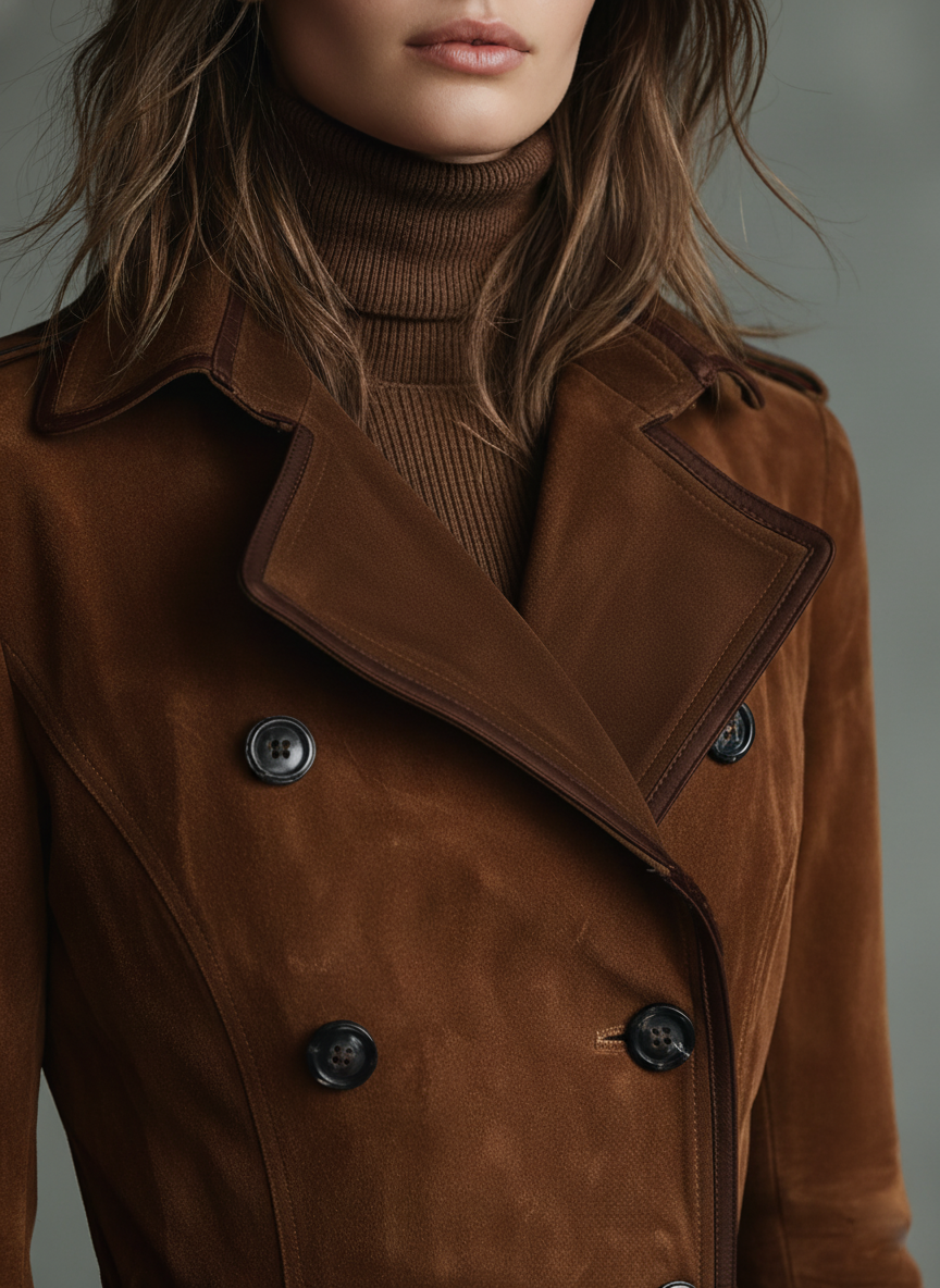 Mina | Suede Trim Double-breasted Lapel