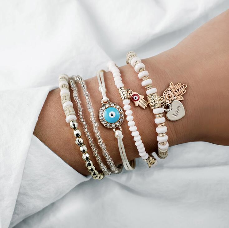 Hamsa Charm Gold Bracelet Set