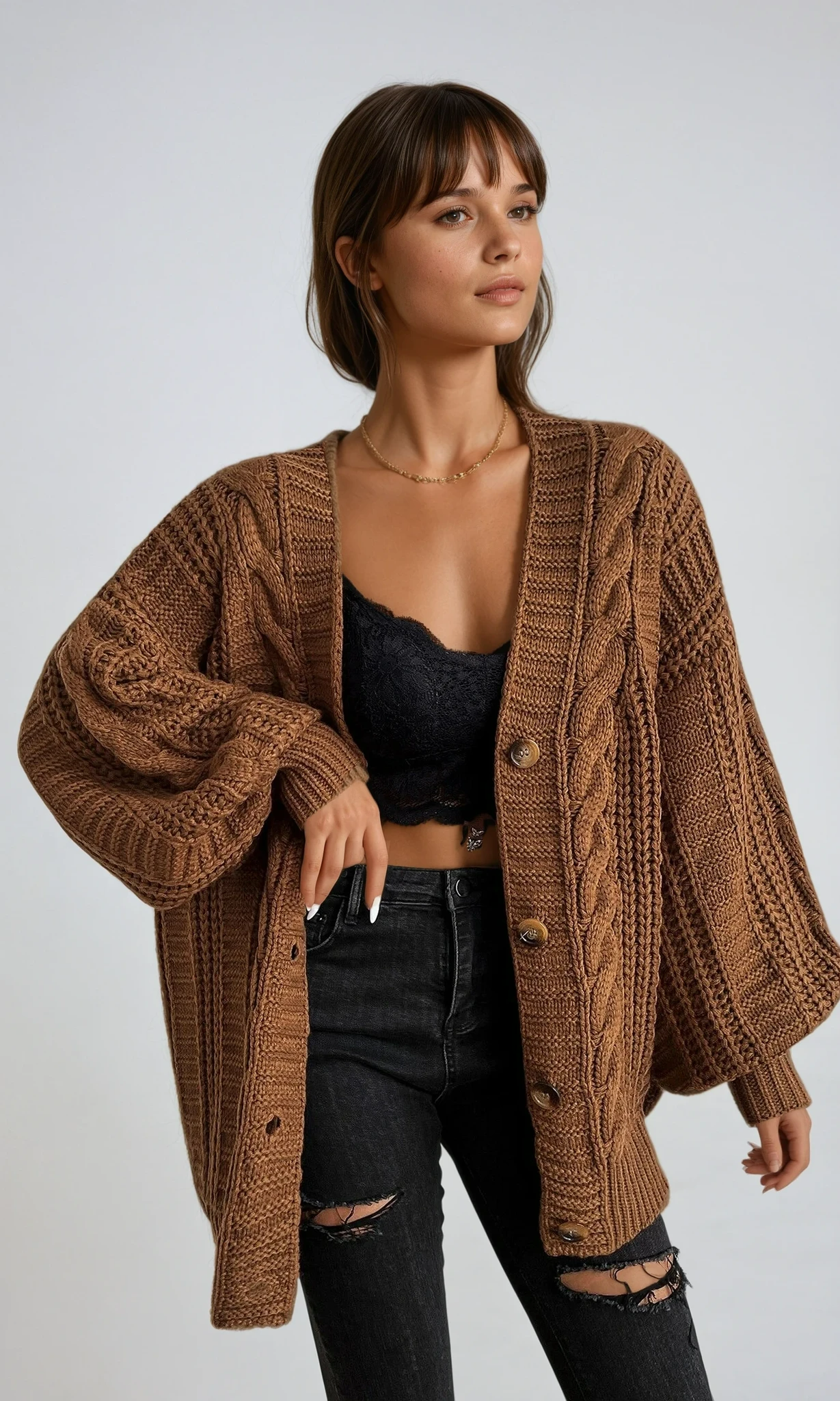 EVIE & BAY | OVERSIZED CABLE KNIT CARDIGAN FOR WOMEN