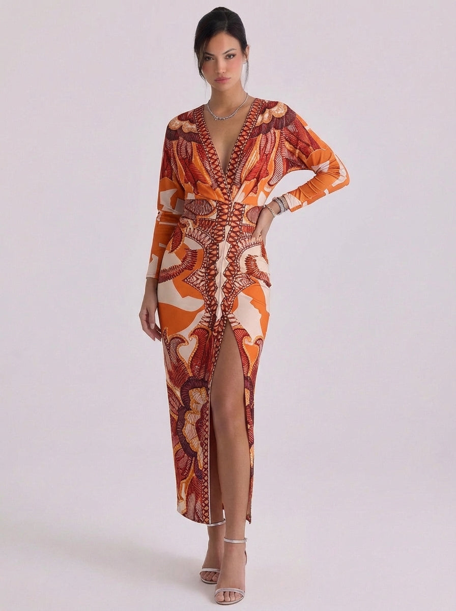 Jessica | Jersey Geometric Print Midi Dress With Ruched Detail