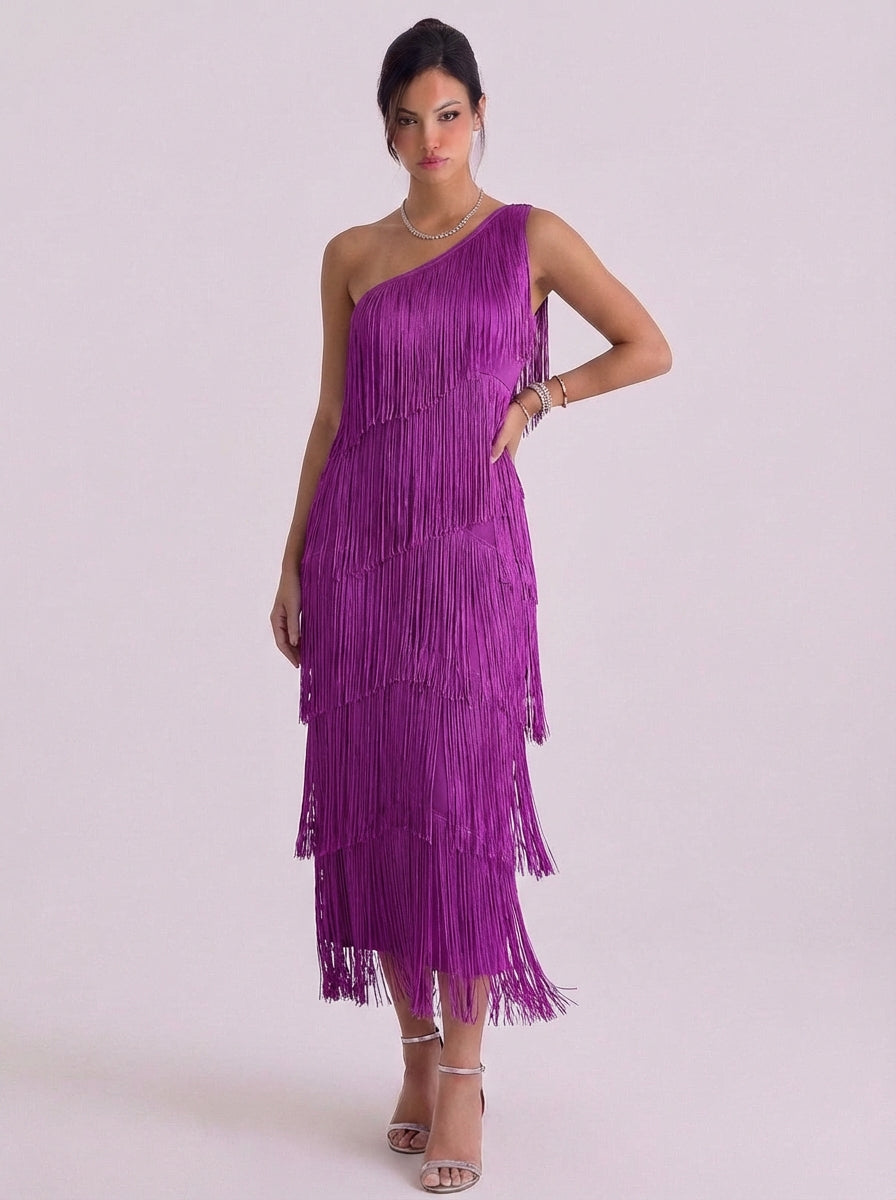 Fiona | Jersey One-Shoulder Fringe Midi Dress