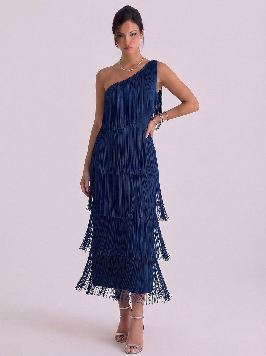 Fiona | Jersey One-Shoulder Fringe Midi Dress