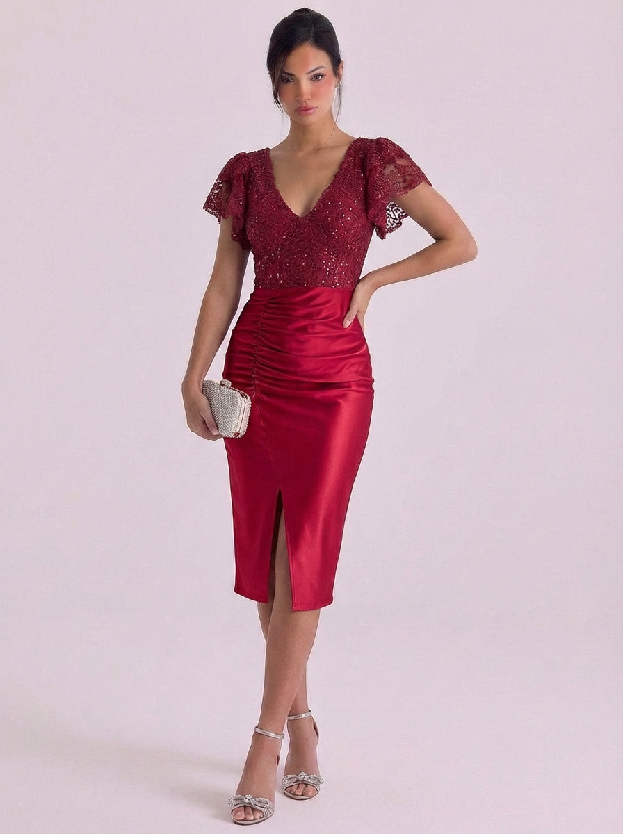 Rhea | Lace Bodice Satin Midi Dress With High-Slit