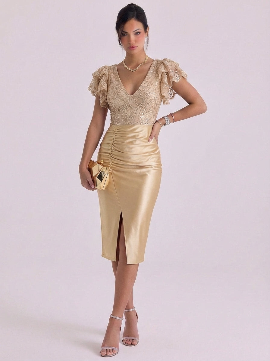 Rhea | Lace Bodice Satin Midi Dress With High-Slit