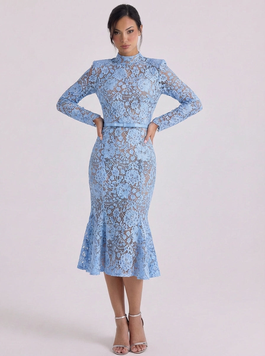 Isla | Lace High Neck Midi Dress With Peplum