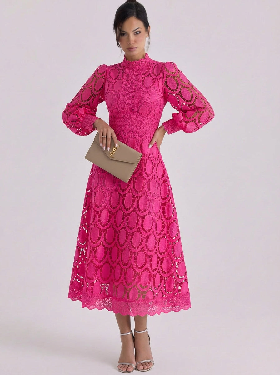 Nadia | Lace High Neck Midi Dress With Puff