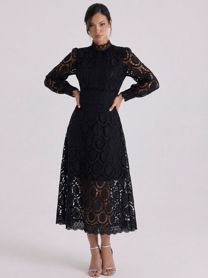 Nadia | Lace High Neck Midi Dress With Puff