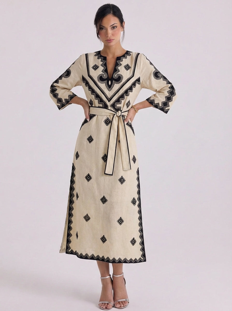 Quinn | Linen Embroidered Belted Midi Dress