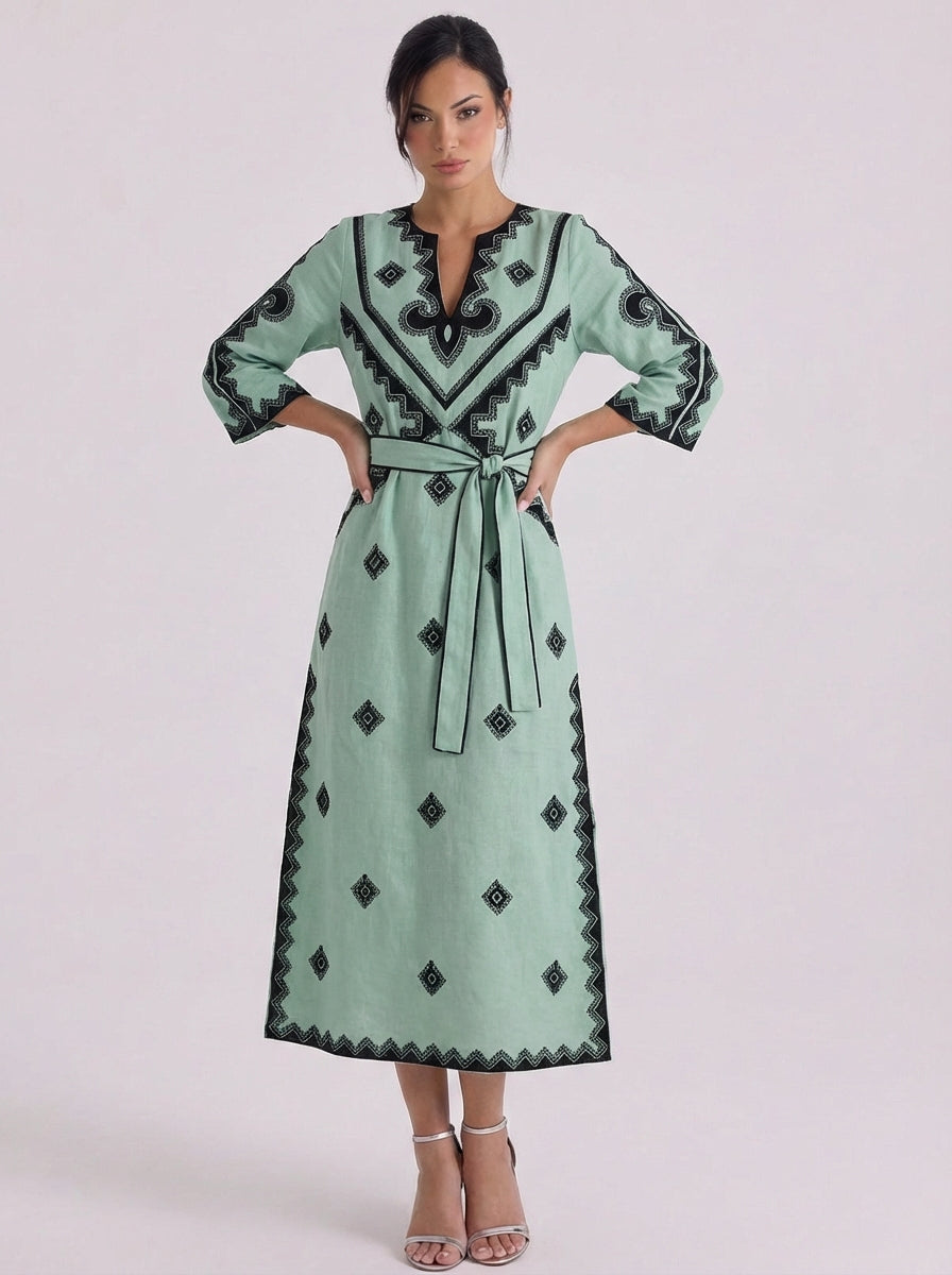 Quinn | Linen Embroidered Belted Midi Dress