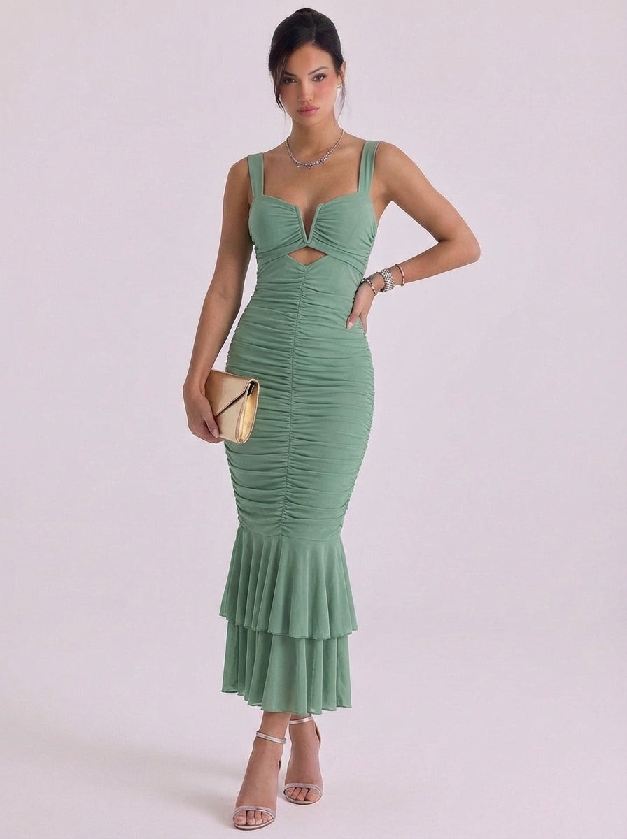 Sophia | Mesh Ruched Mermaid Midi Dress With Tiered Hem