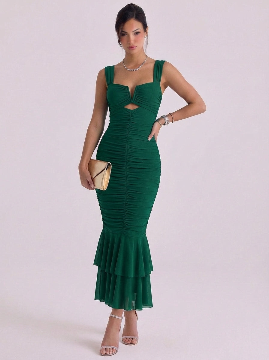 Sophia | Mesh Ruched Mermaid Midi Dress With Tiered Hem