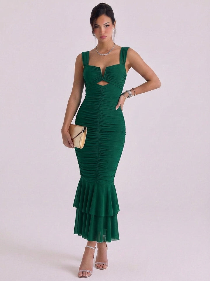Sophia | Mesh Ruched Mermaid Midi Dress With Tiered Hem