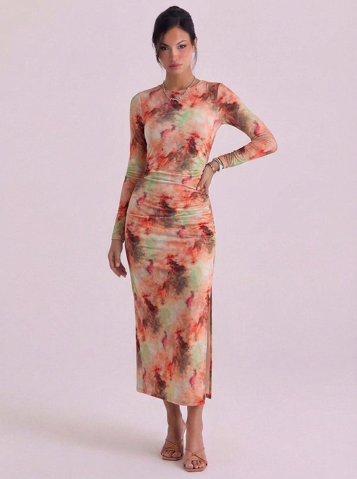 Zoe | Mesh Tie Dye Midi Dress With High-Slit