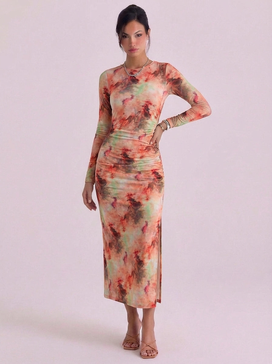 Zoe | Mesh Tie Dye Midi Dress With High-Slit