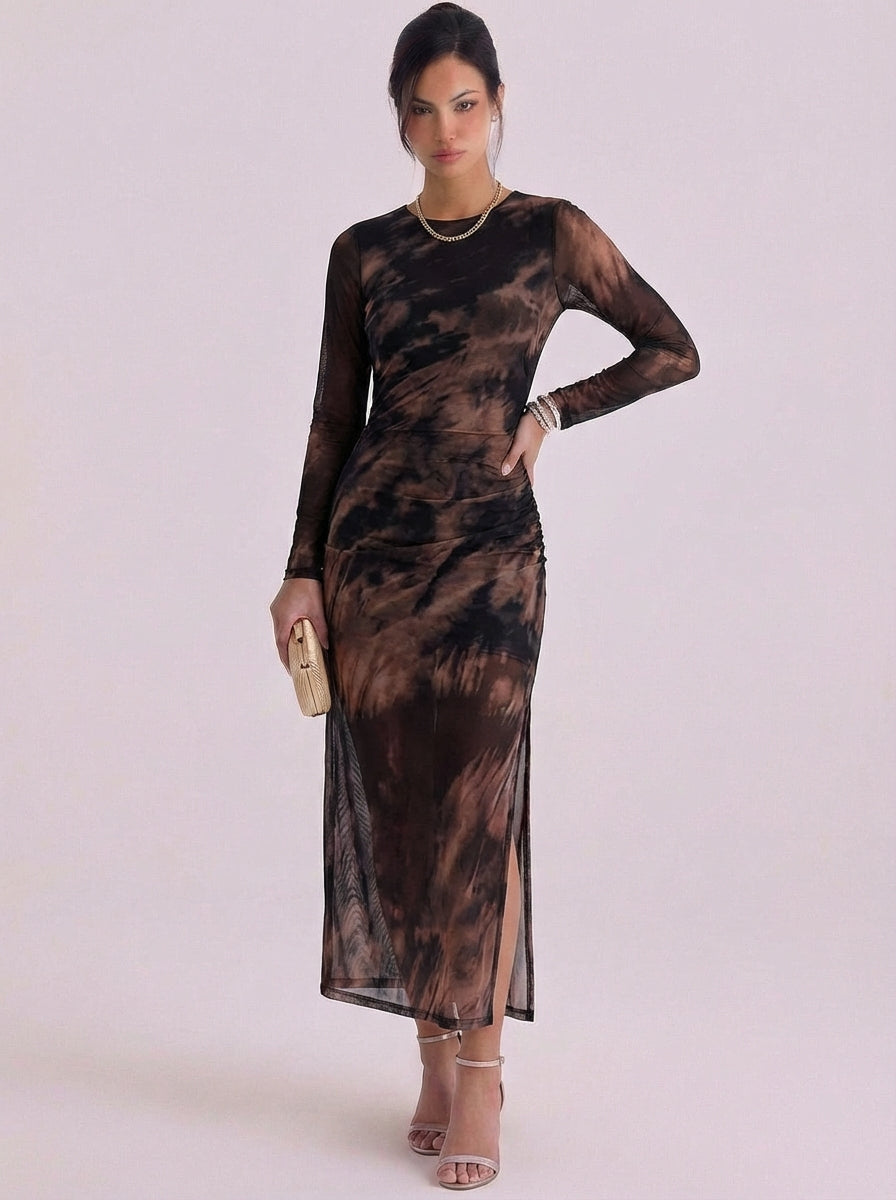 Zoe | Mesh Tie Dye Midi Dress With High-Slit