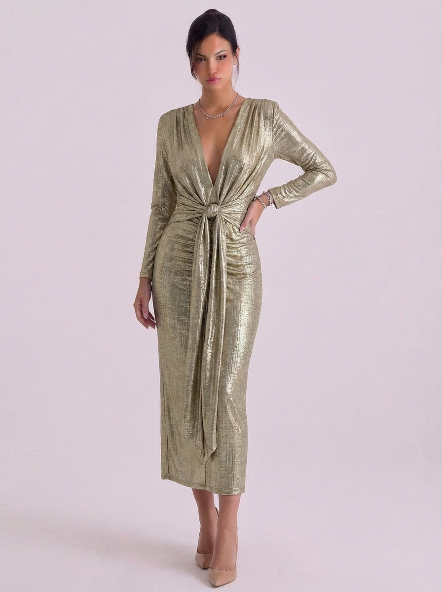 Sophie | Metallic Jersey Wrap Midi Dress With Tie Front