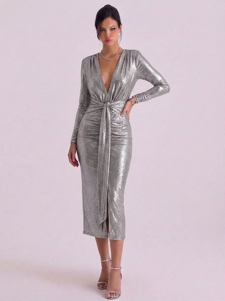 Sophie | Metallic Jersey Wrap Midi Dress With Tie Front