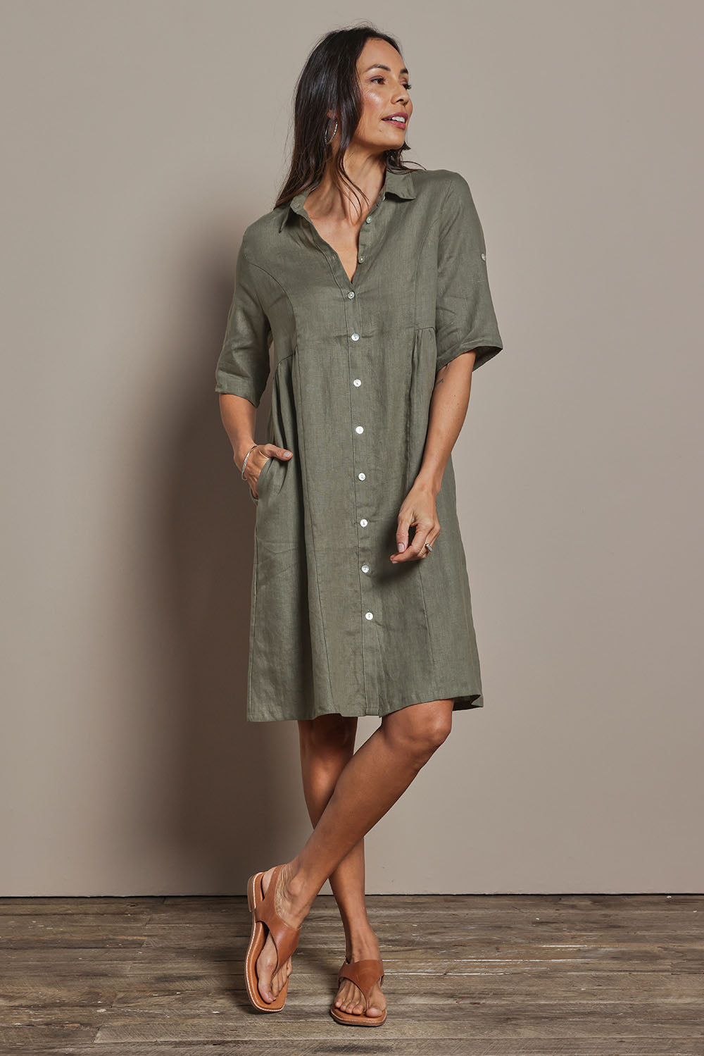 Linen Shirt Maker Dress - Olive