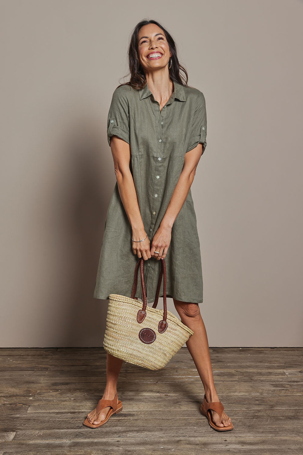 Linen Shirt Maker Dress - Olive