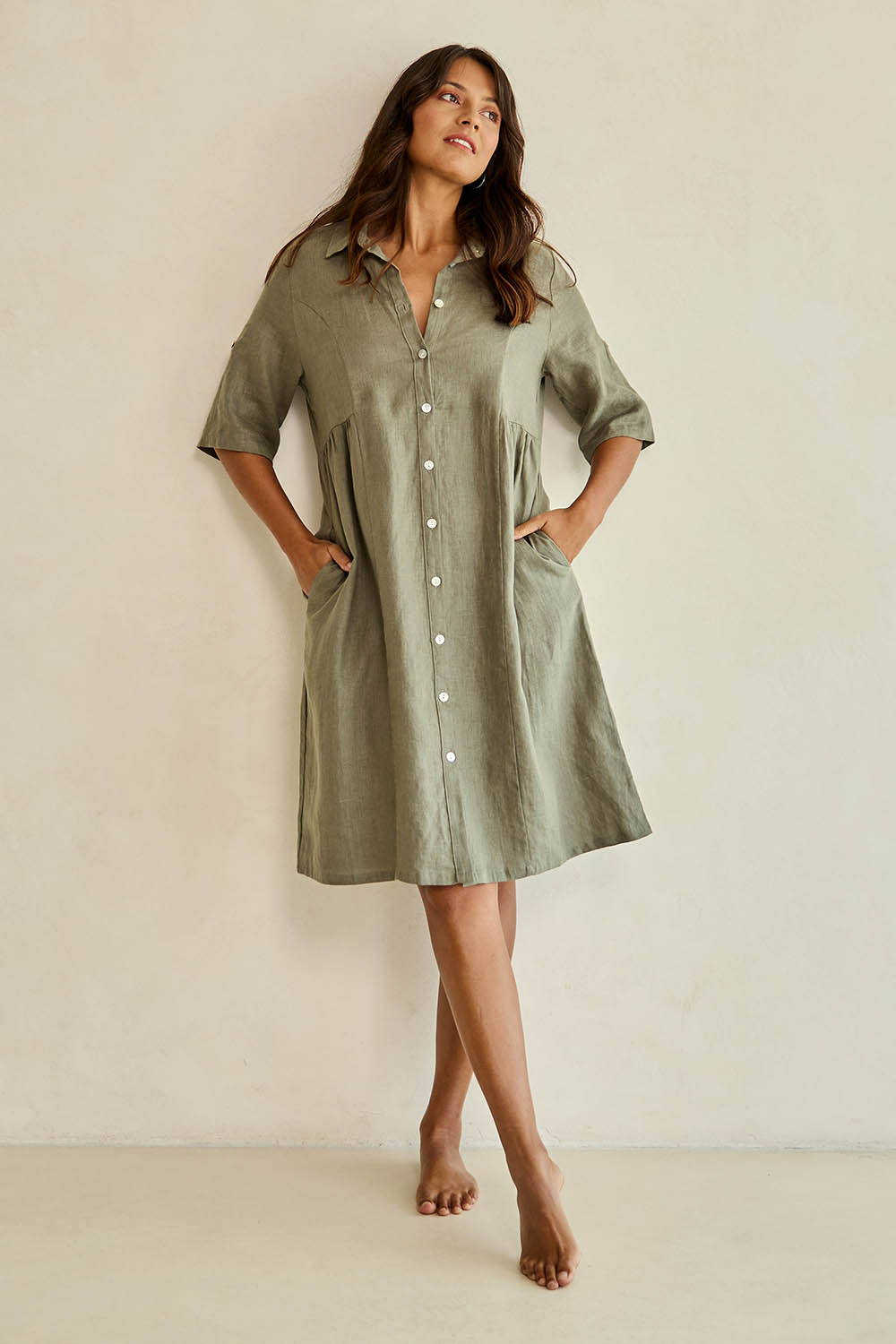 Linen Shirt Maker Dress - Olive