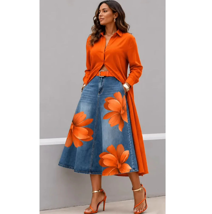 Seraphina | Denim Floral Printed Skirt