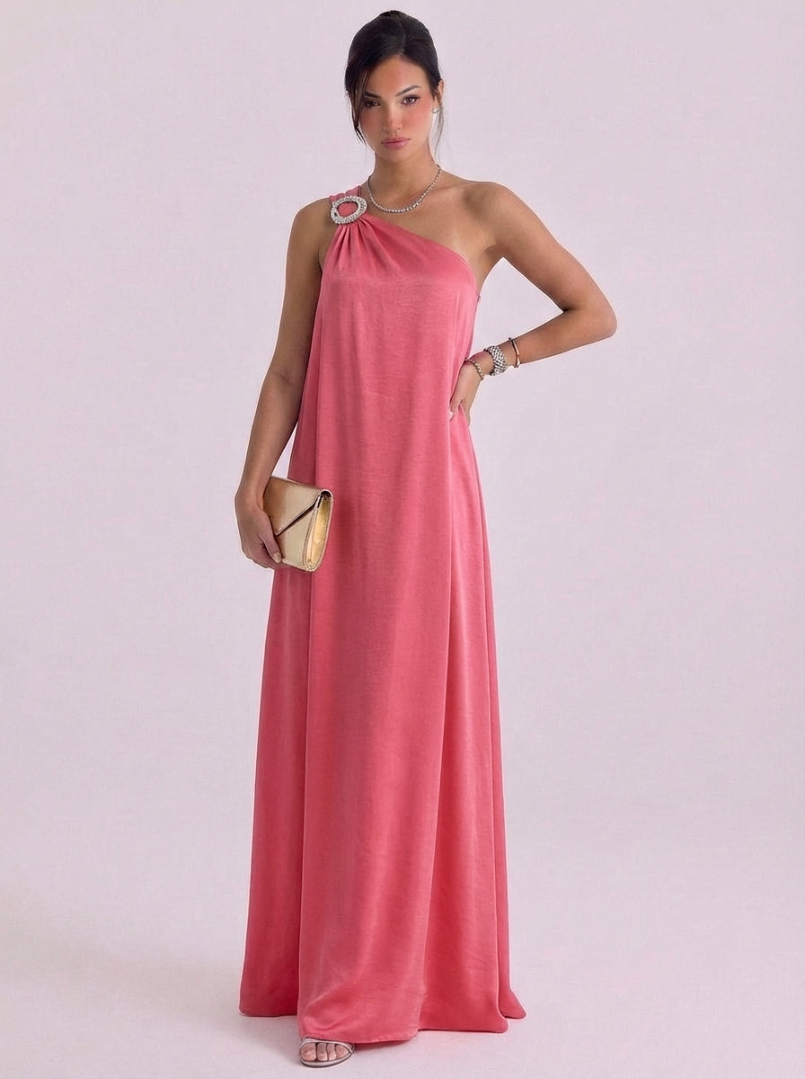 Lauren | Satin Crystal Brooch One-Shoulder Gown Floor Length