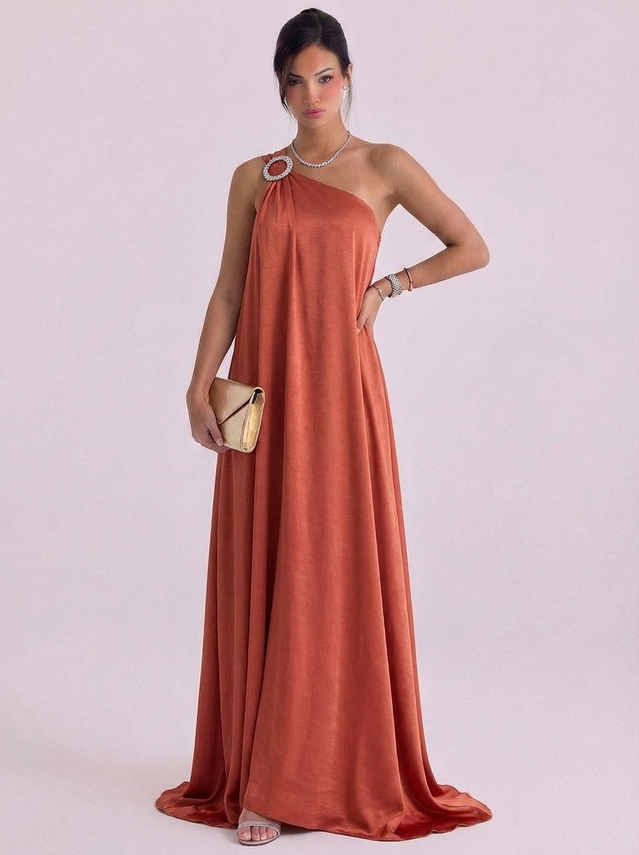 Lauren | Satin Crystal Brooch One-Shoulder Gown Floor Length