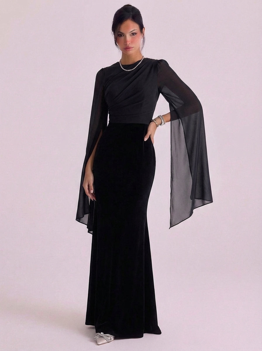 Isabella | Satin Bell Sleeve Gown Floor Length Fitted