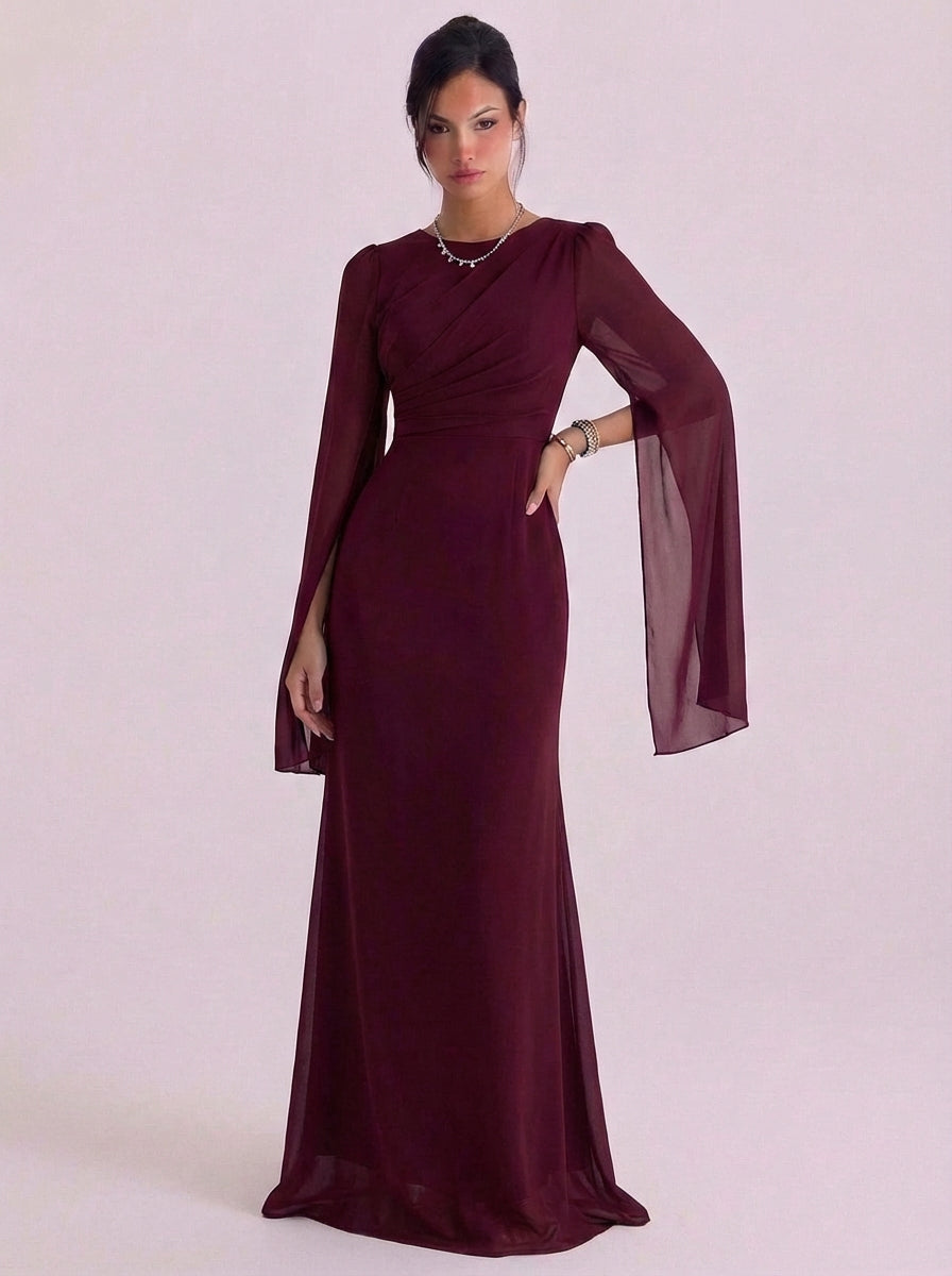 Isabella | Satin Bell Sleeve Gown Floor Length Fitted
