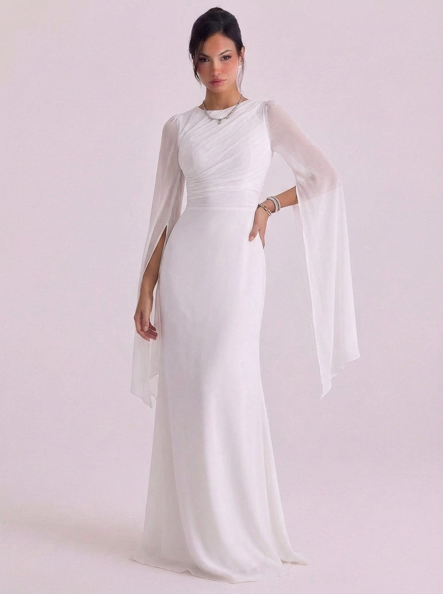 Isabella | Satin Bell Sleeve Gown Floor Length Fitted