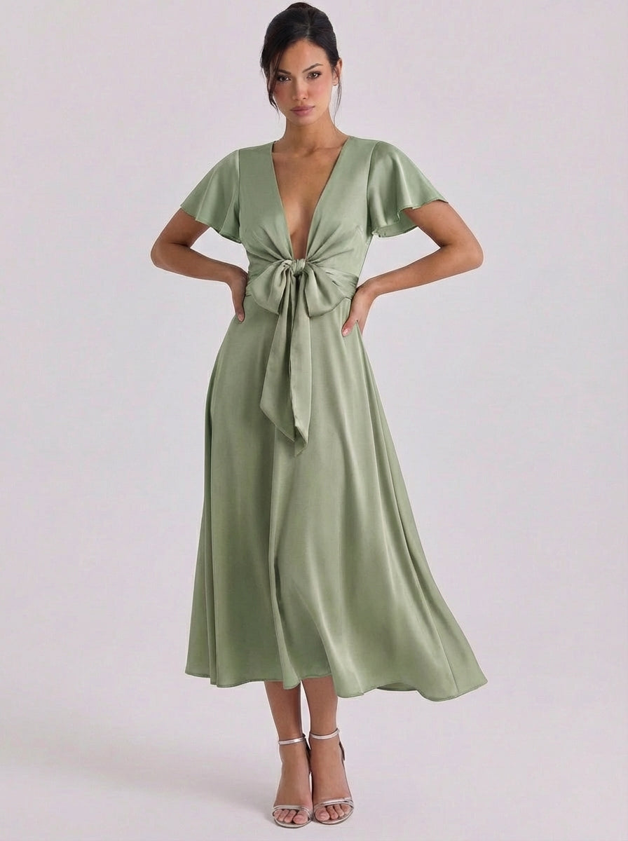 Demi | Satin Bow Front Deep V Midi Dress Flutter Sleeve