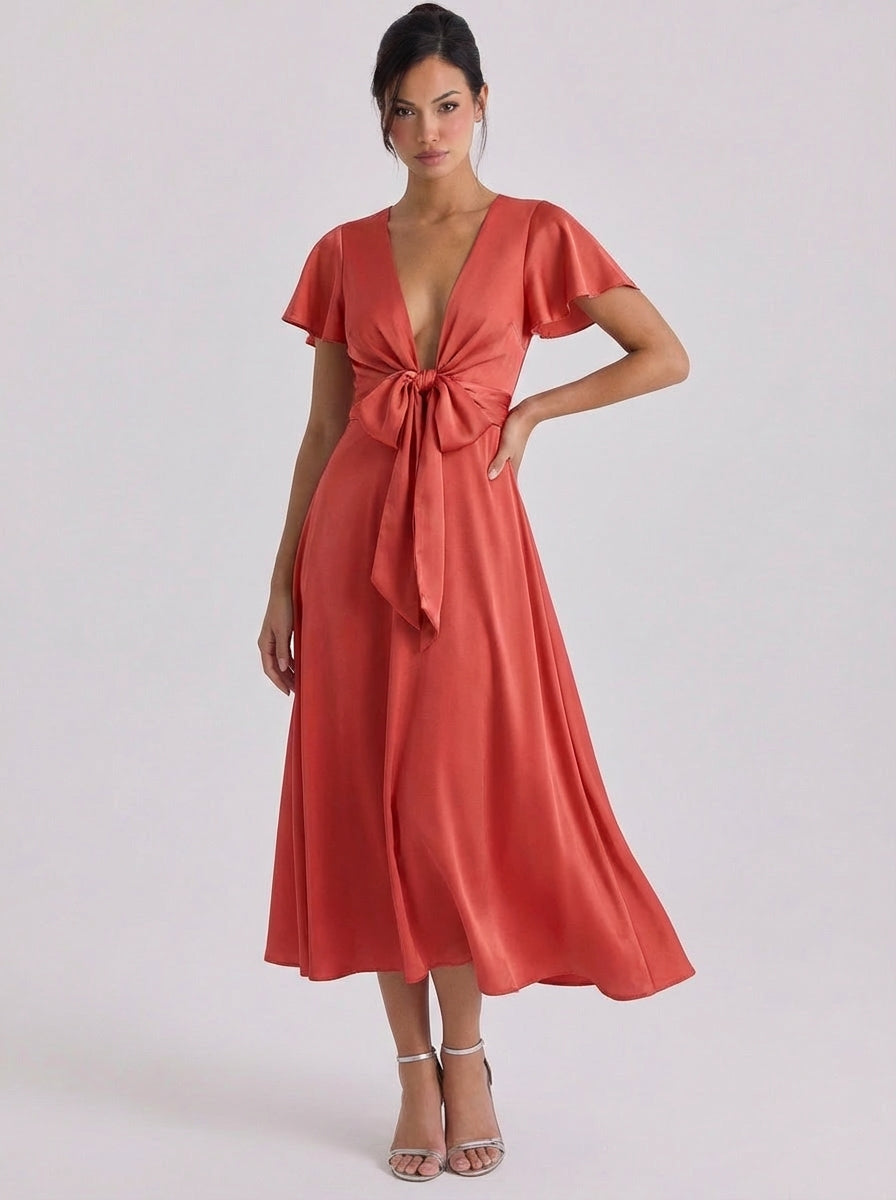 Demi | Satin Bow Front Deep V Midi Dress Flutter Sleeve