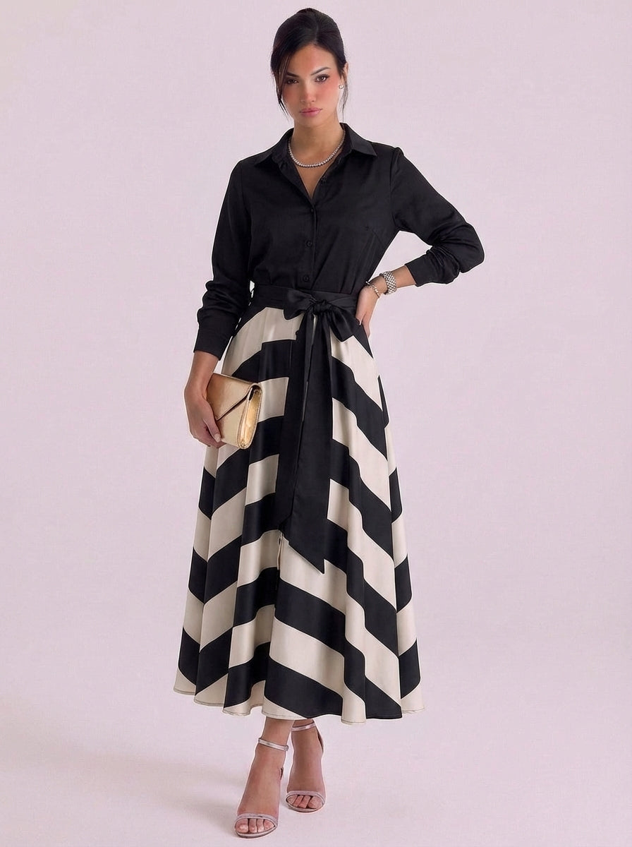 Amelia | Satin Button Front Maxi Dress With Striped Skirt Tie Waist