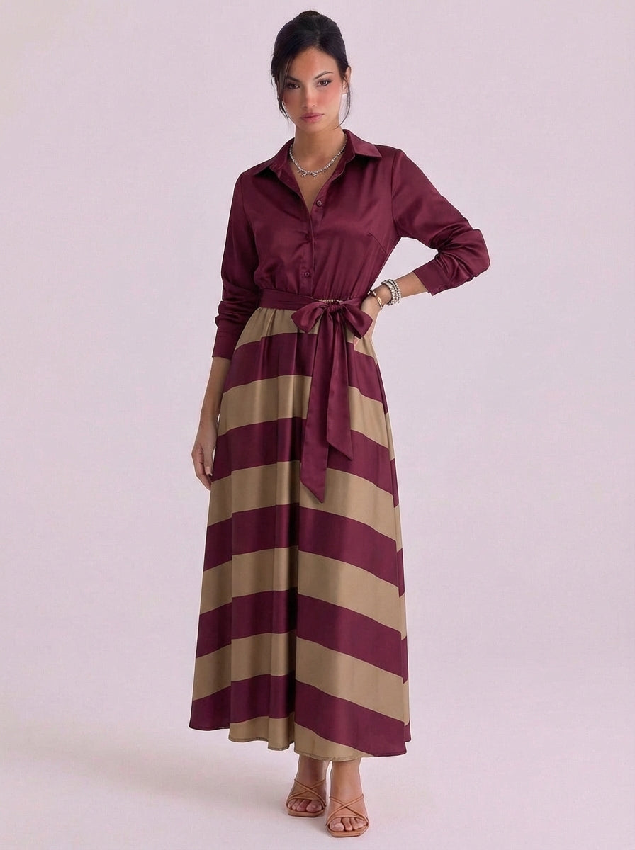 Amelia | Satin Button Front Maxi Dress With Striped Skirt Tie Waist
