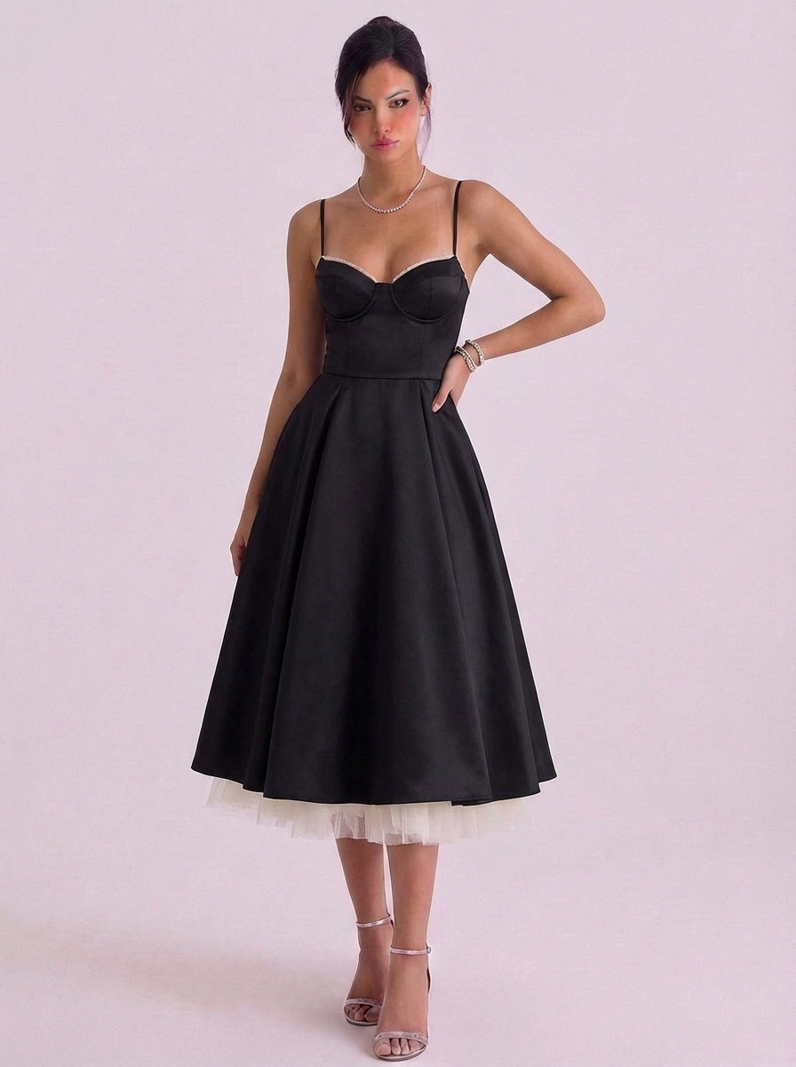 Willow | Satin Corset Bodice Midi Dress With Tulle Underskirt