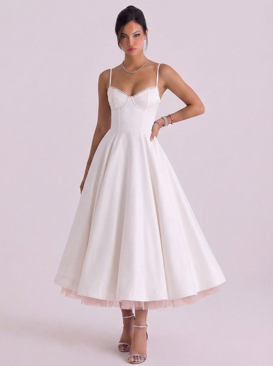 Willow | Satin Corset Bodice Midi Dress With Tulle Underskirt