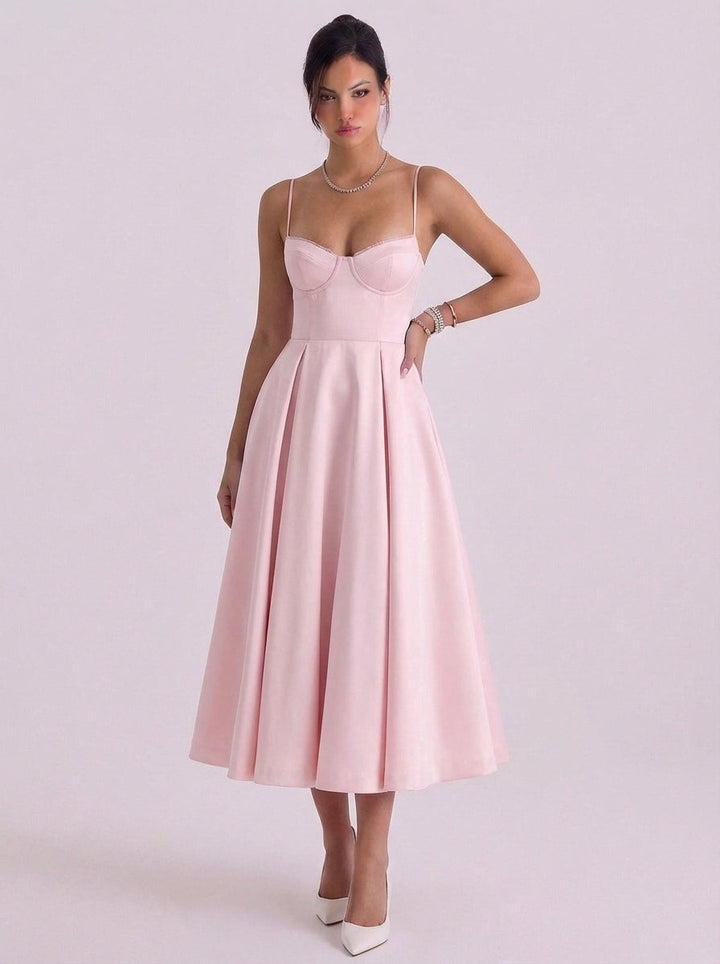 Willow | Satin Corset Bodice Midi Dress With Tulle Underskirt