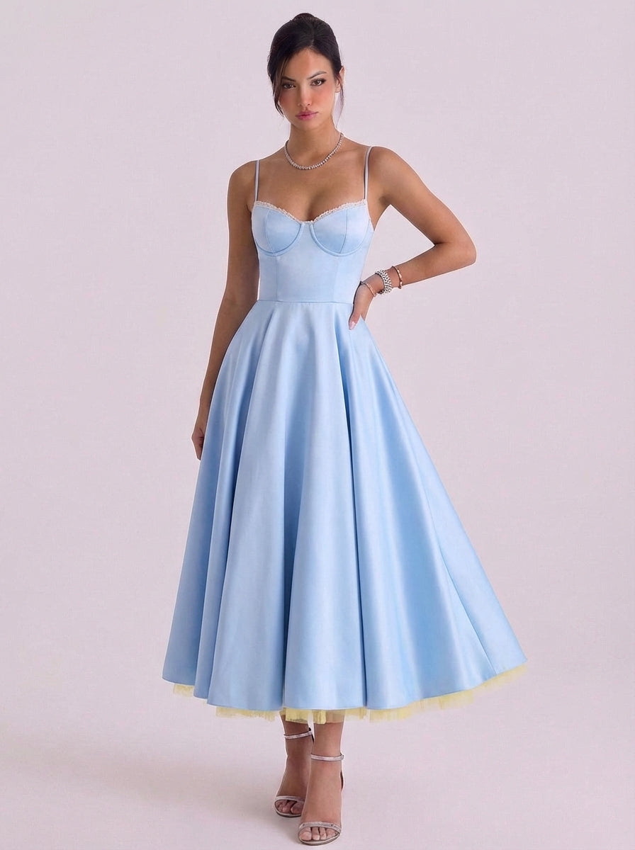 Willow | Satin Corset Bodice Midi Dress With Tulle Underskirt