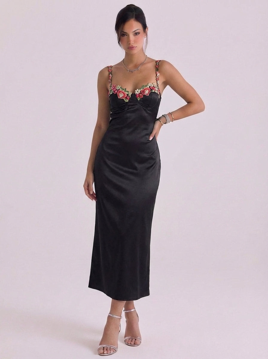 Yasmin | Satin Floral Appliqu Slip Midi Dress