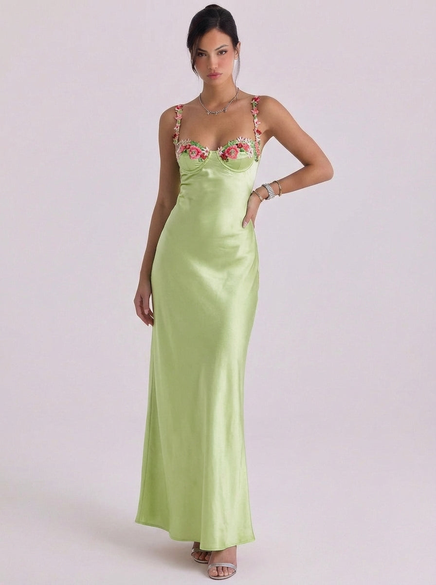 Yasmin | Satin Floral Appliqu Slip Midi Dress