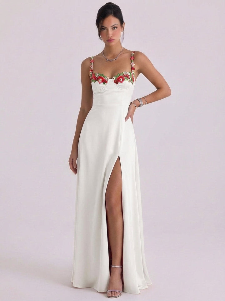 Yasmin | Satin Floral Appliqu Slip Midi Dress