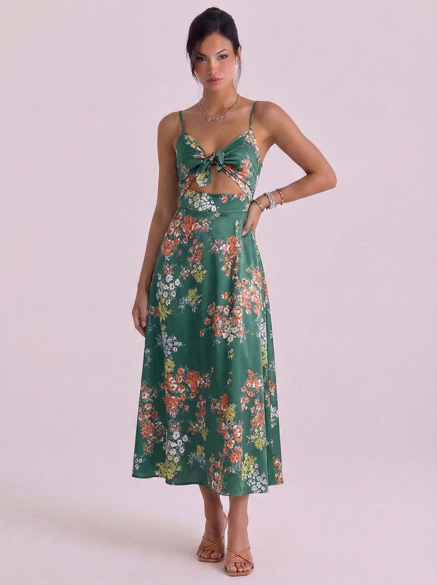 Renee | Satin Floral Cutout Midi Dress With Tie Front